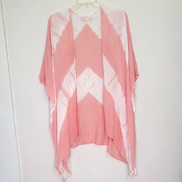 Beachy Wrap Short Kimono Peach White Tie Dye Open Cover Up Sheer Boho Coastal - Picture 1 of 6